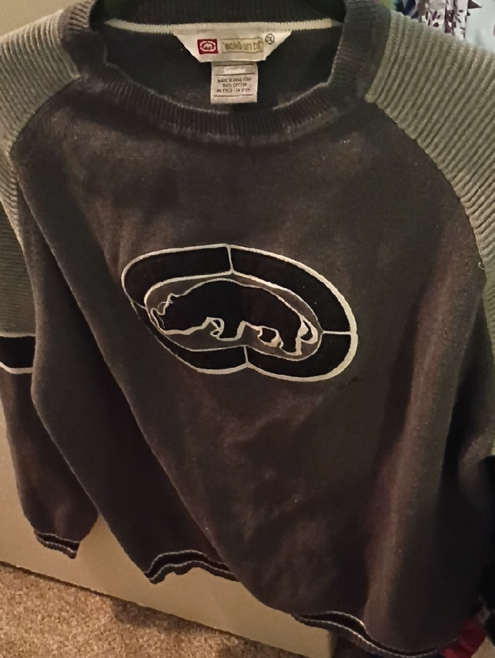 Ecko Unlimited Dark Charcoal Crewneck Sweater with Olive Ribbed Sleeves